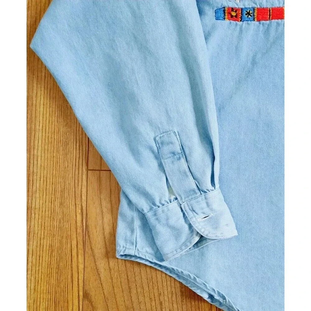 Vintage JouJou Women Denim Jean Button Down Shirt Native American Embroidery